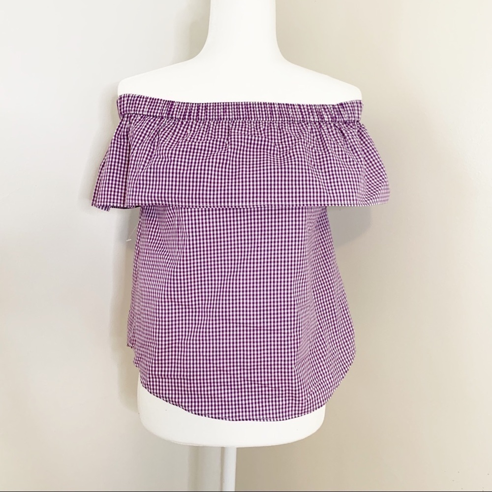 Off the shoulder purple and white checked top